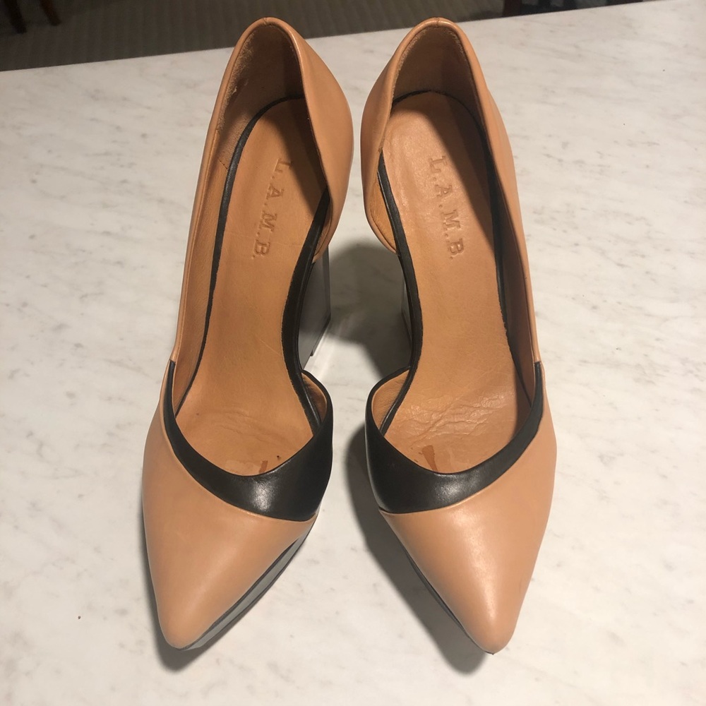 L.A.M.B. Connor Heels in Tan/Black w/ Acrylic Heel